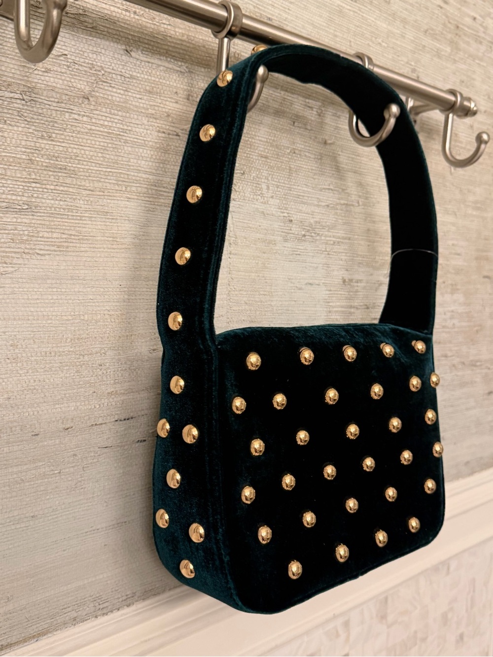 NWOT New without tags Anthropologie studded velvet shoulder bag purse dark green - Picture 7 of 16